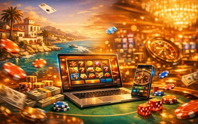 Vegasino Casino hero - coppia in stile heist al resort mediterraneo